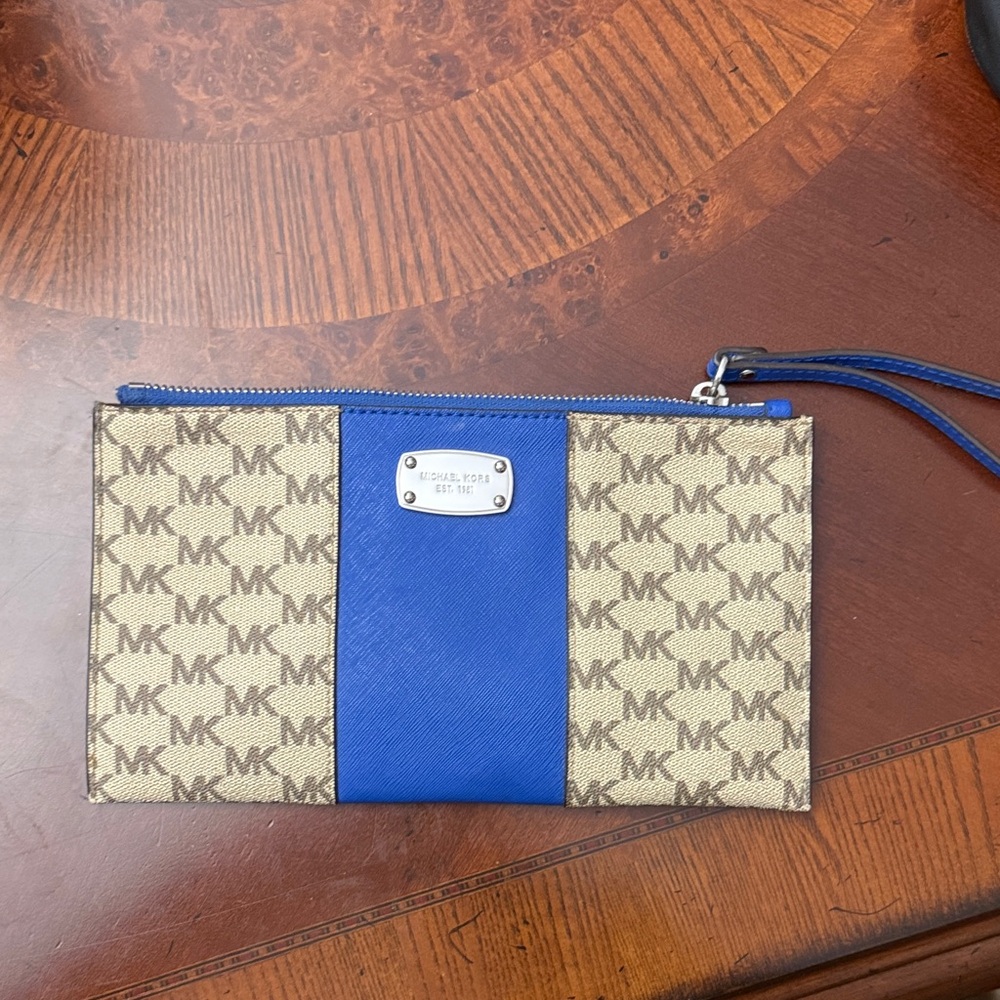 Michael Kors Tan and Blue Logo Wristlet